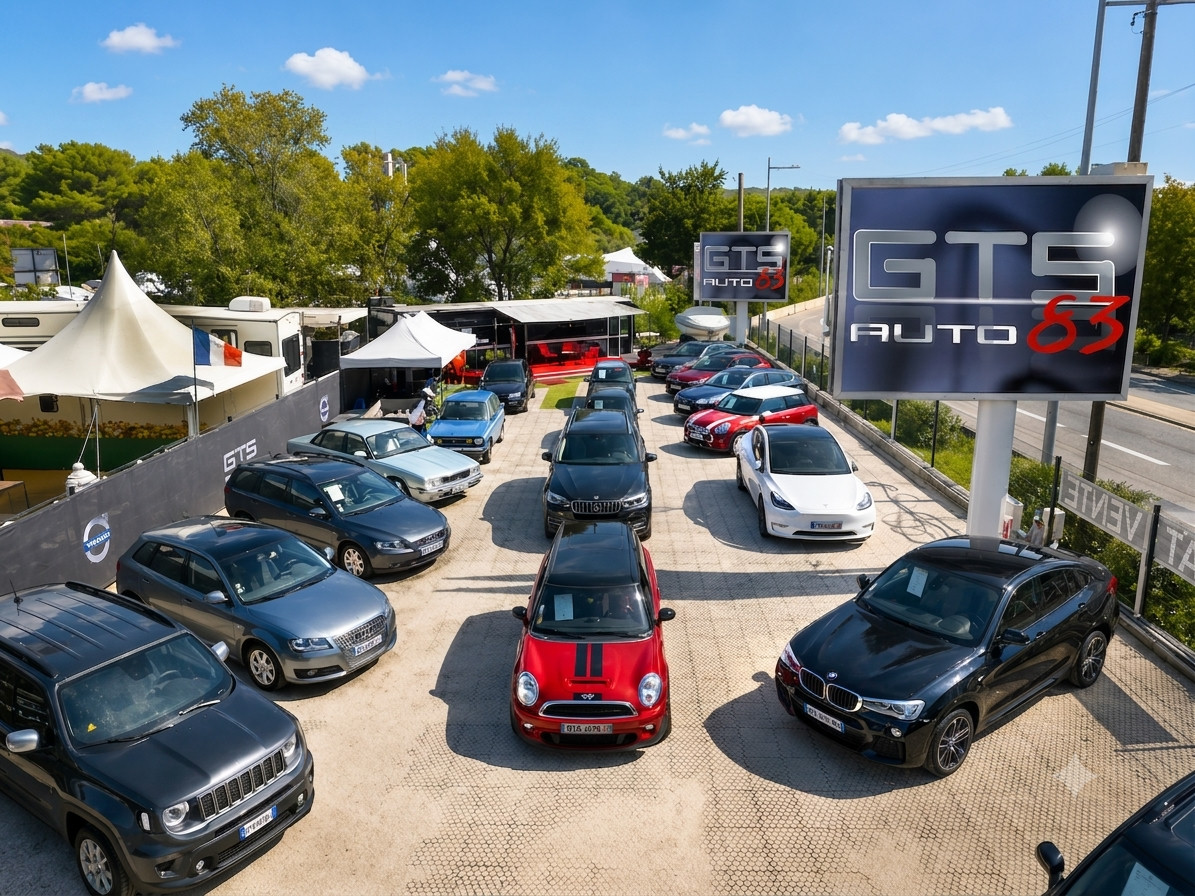Véhicules exposés devant le garage GTS AUTO 83